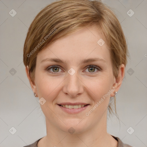 Joyful white young-adult female with medium  brown hair and grey eyes