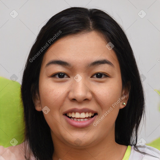 Joyful asian young-adult female with medium  brown hair and brown eyes