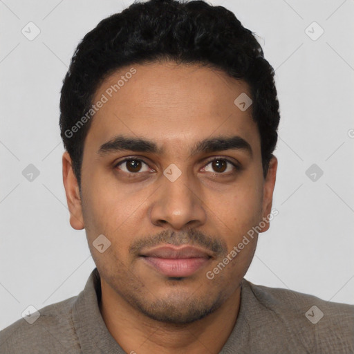 Neutral latino young-adult male with short  black hair and brown eyes