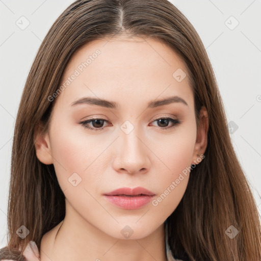 Neutral white young-adult female with long  brown hair and brown eyes