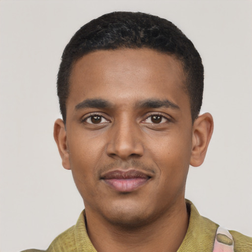Neutral black young-adult male with short  black hair and brown eyes