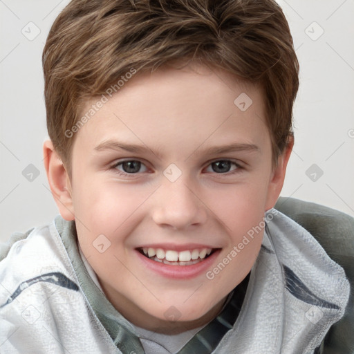 Joyful white child female with short  brown hair and brown eyes