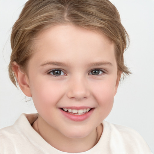 Joyful white child female with medium  brown hair and brown eyes