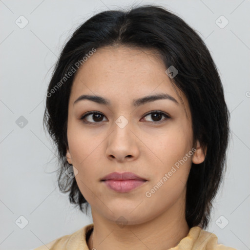 Neutral asian young-adult female with medium  brown hair and brown eyes