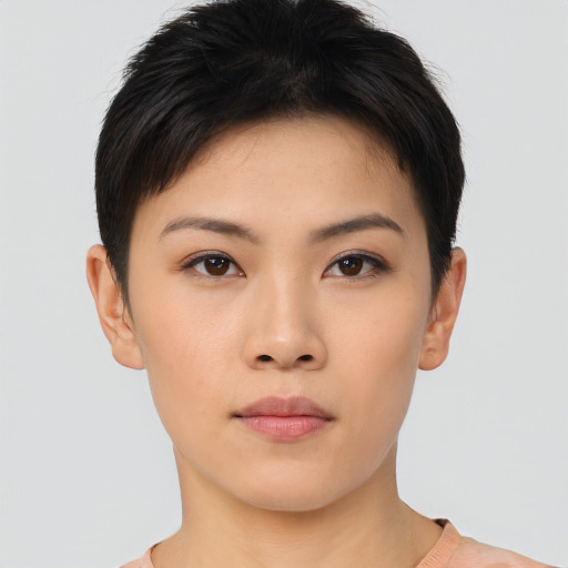 Neutral asian young-adult female with short  black hair and brown eyes