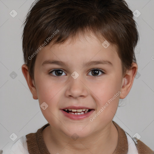 Joyful white child male with short  brown hair and brown eyes