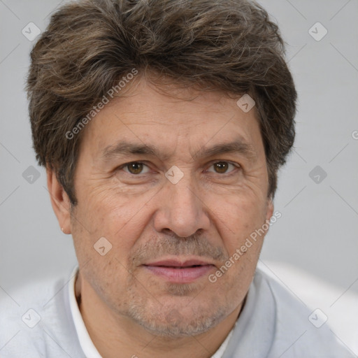 Joyful white middle-aged male with short  brown hair and brown eyes