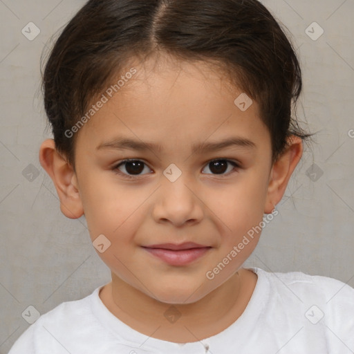 Joyful white child female with short  brown hair and brown eyes