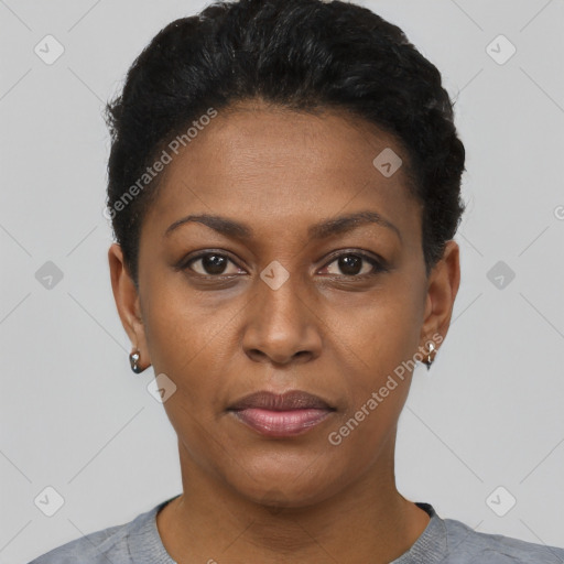 Neutral black young-adult female with short  black hair and brown eyes