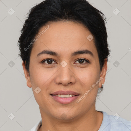 Joyful asian young-adult female with short  brown hair and brown eyes