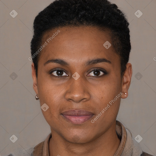 Joyful black young-adult female with short  brown hair and brown eyes