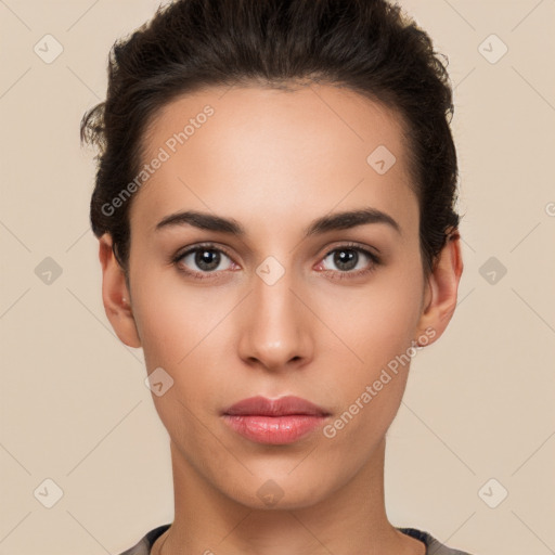 Neutral white young-adult female with short  brown hair and brown eyes