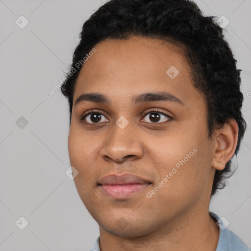 Joyful latino young-adult female with short  black hair and brown eyes