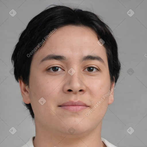 Neutral asian young-adult male with short  brown hair and brown eyes