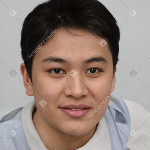 Joyful asian young-adult female with short  brown hair and brown eyes