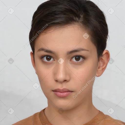 Neutral white young-adult female with short  brown hair and brown eyes