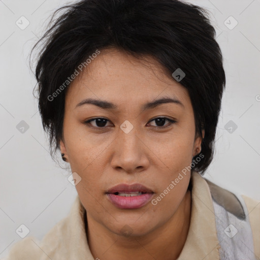 Neutral asian young-adult female with medium  brown hair and brown eyes