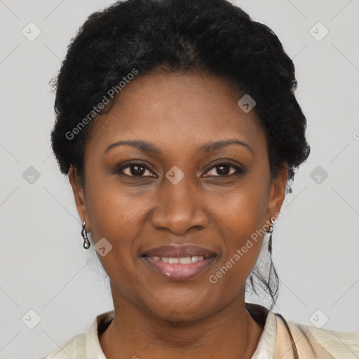 Joyful latino young-adult female with short  black hair and brown eyes