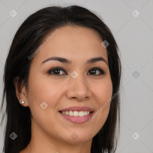 Joyful latino young-adult female with long  brown hair and brown eyes