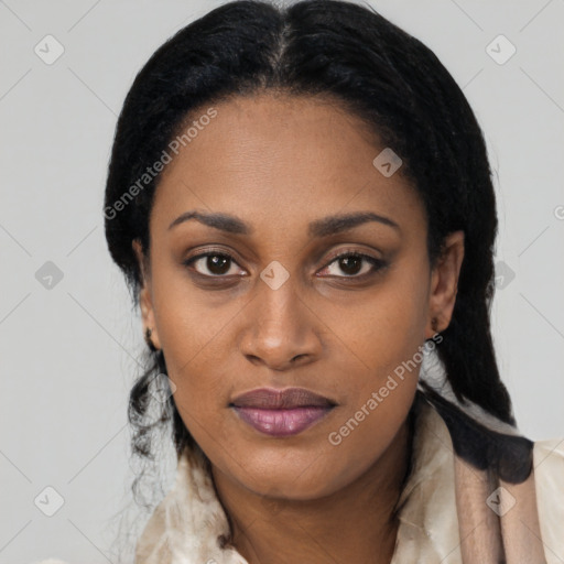 Joyful latino young-adult female with medium  black hair and brown eyes