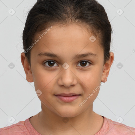 Joyful white child female with short  brown hair and brown eyes