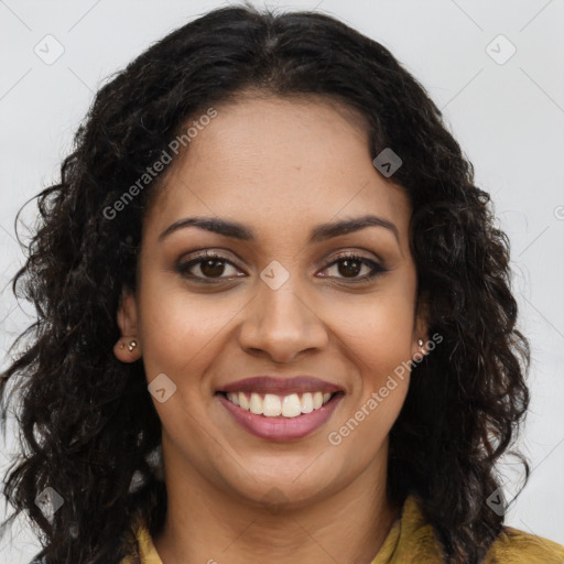 Joyful latino young-adult female with long  brown hair and brown eyes