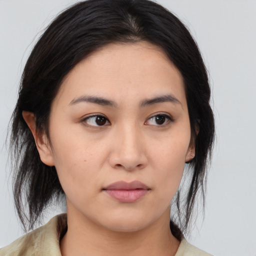 Neutral white young-adult female with medium  black hair and brown eyes