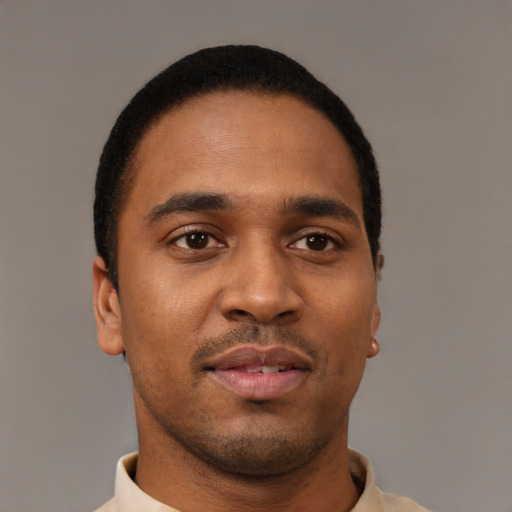 Neutral black young-adult male with short  brown hair and brown eyes