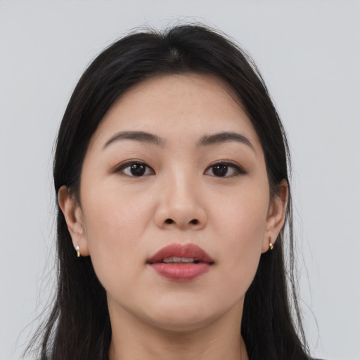 Neutral asian young-adult female with long  black hair and brown eyes