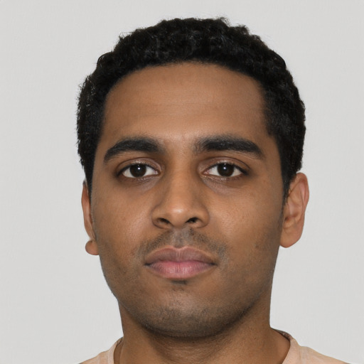 Neutral black young-adult male with short  black hair and brown eyes