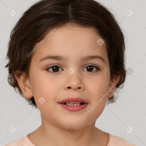 Joyful white child female with medium  brown hair and brown eyes