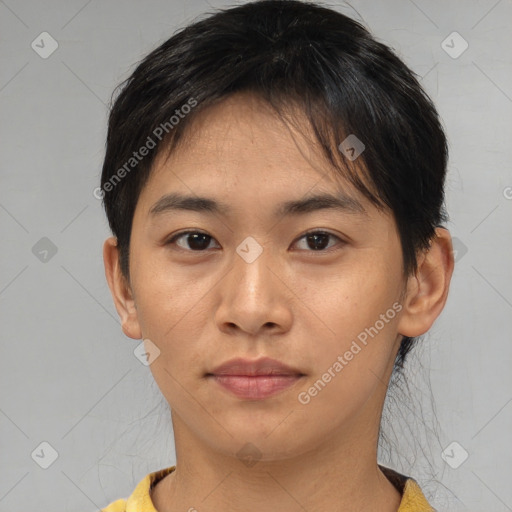 Neutral asian young-adult male with short  brown hair and brown eyes