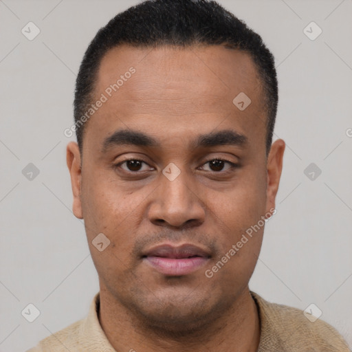 Neutral latino young-adult male with short  black hair and brown eyes