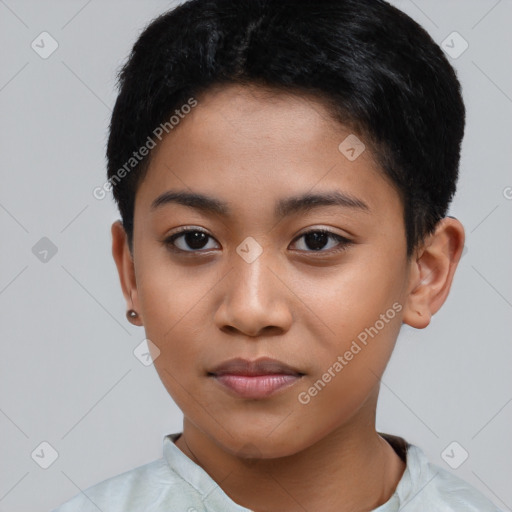 Neutral asian young-adult female with short  black hair and brown eyes