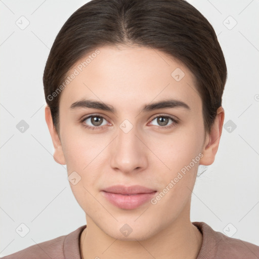 Neutral white young-adult female with short  brown hair and brown eyes