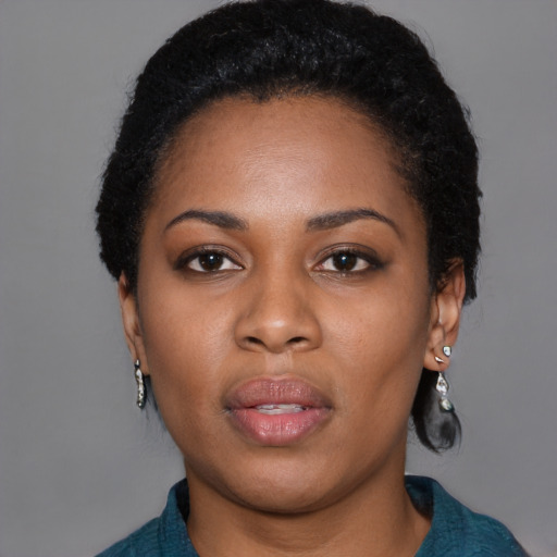 Neutral black young-adult female with short  black hair and brown eyes