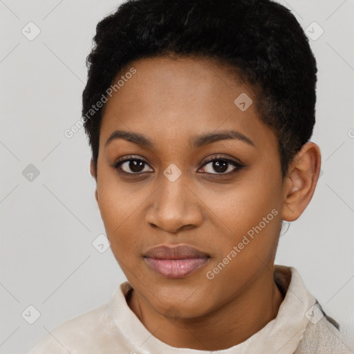 Neutral black young-adult female with short  black hair and brown eyes