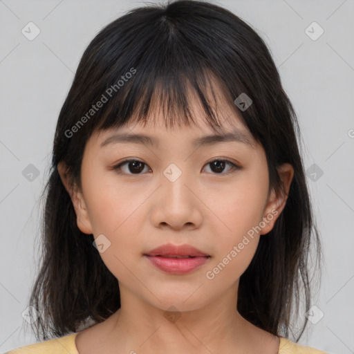 Neutral asian young-adult female with medium  brown hair and brown eyes