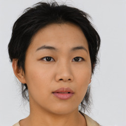 Neutral asian young-adult female with medium  brown hair and brown eyes