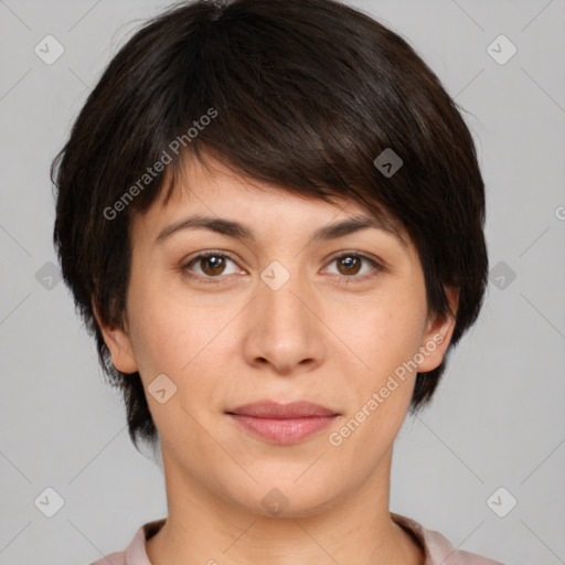 Joyful white young-adult female with medium  brown hair and brown eyes