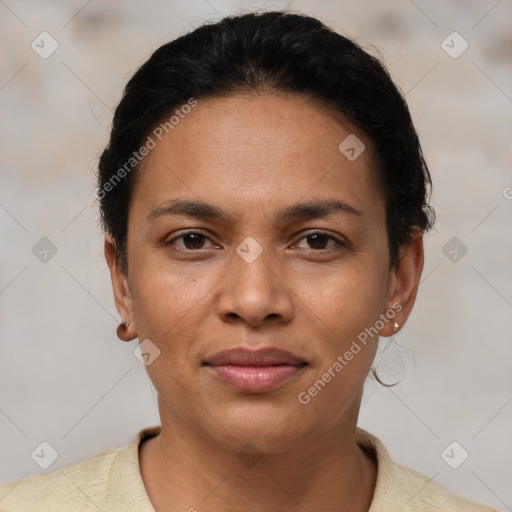 Joyful latino young-adult female with short  brown hair and brown eyes