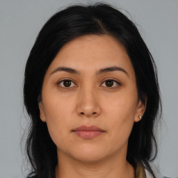 Neutral asian young-adult female with medium  black hair and brown eyes