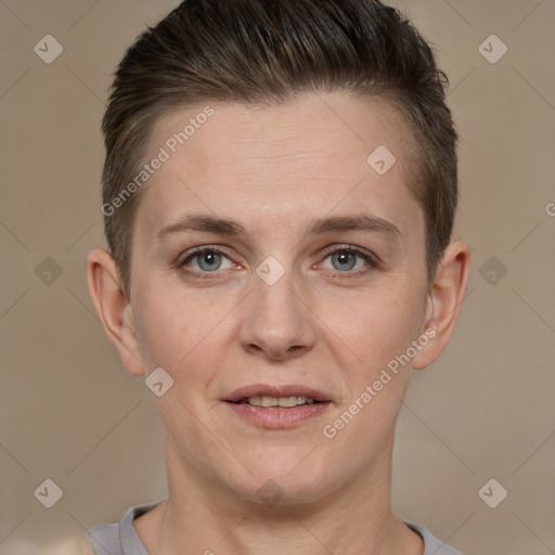 Joyful white adult female with short  brown hair and brown eyes