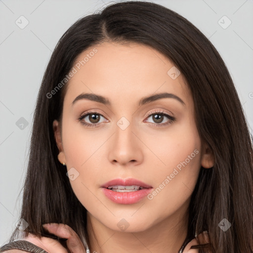 Neutral white young-adult female with long  brown hair and brown eyes