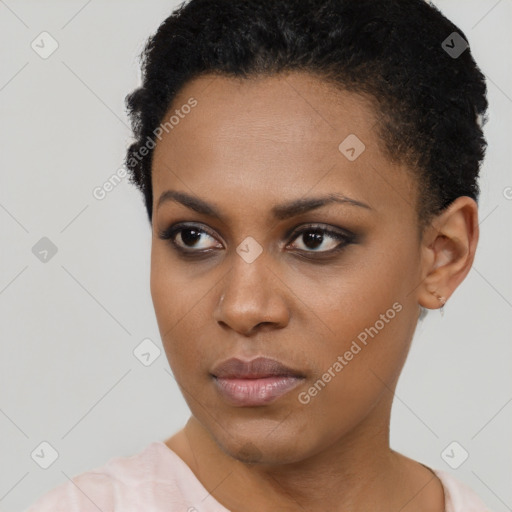 Neutral black young-adult female with short  black hair and brown eyes