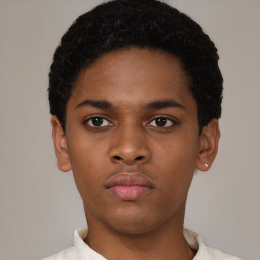 Neutral black young-adult male with short  black hair and brown eyes