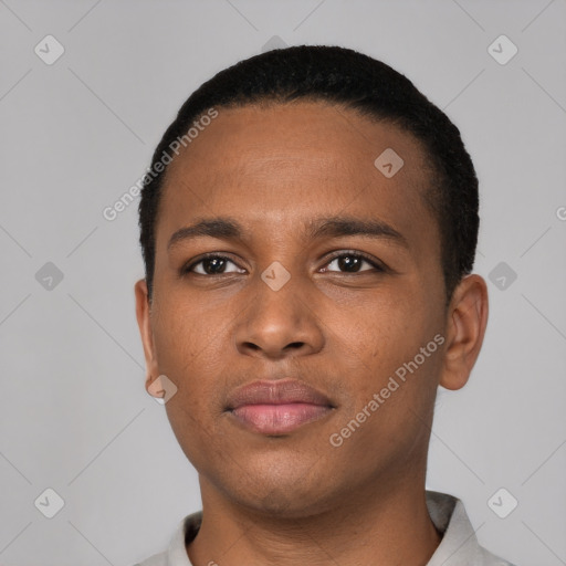 Neutral black young-adult male with short  black hair and brown eyes