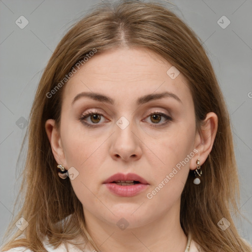 Neutral white young-adult female with long  brown hair and brown eyes