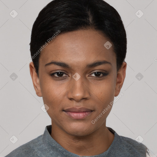 Neutral black young-adult female with short  black hair and brown eyes