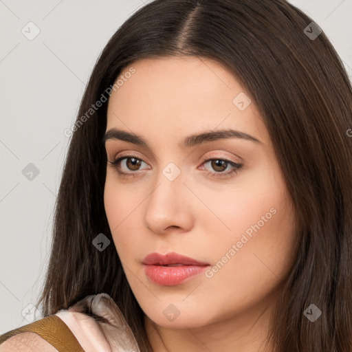 Neutral white young-adult female with long  brown hair and brown eyes